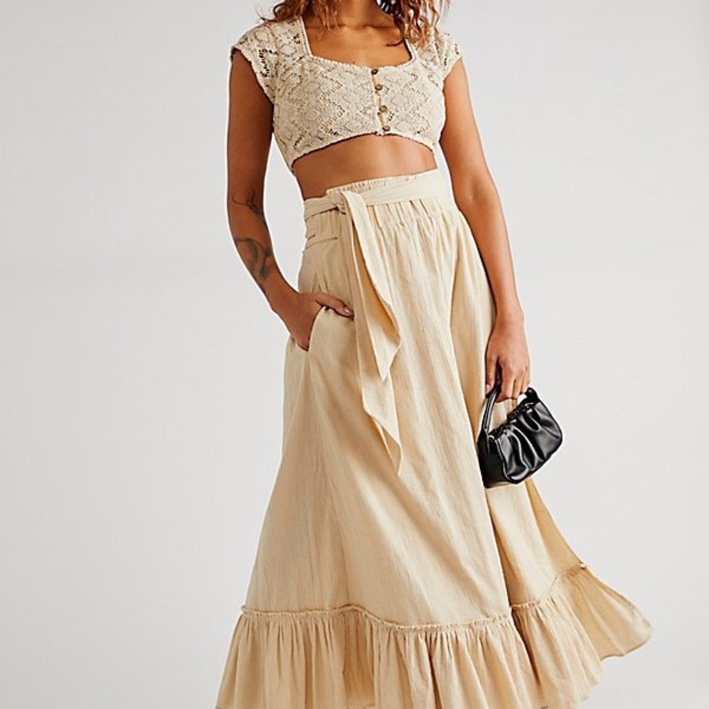 Free People Cream Maxi Skirt with Tie Waist